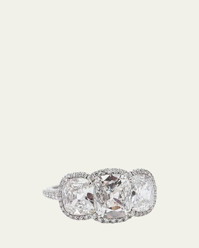 18K White Gold 3-Stone Antique Cushion-Cut Diamond Ring